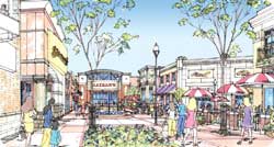 An artist's rendering of a "lifestyle center," meant to be pedestrian-friendly but surrounded by parking.  From the International Council of Shopping Centers.